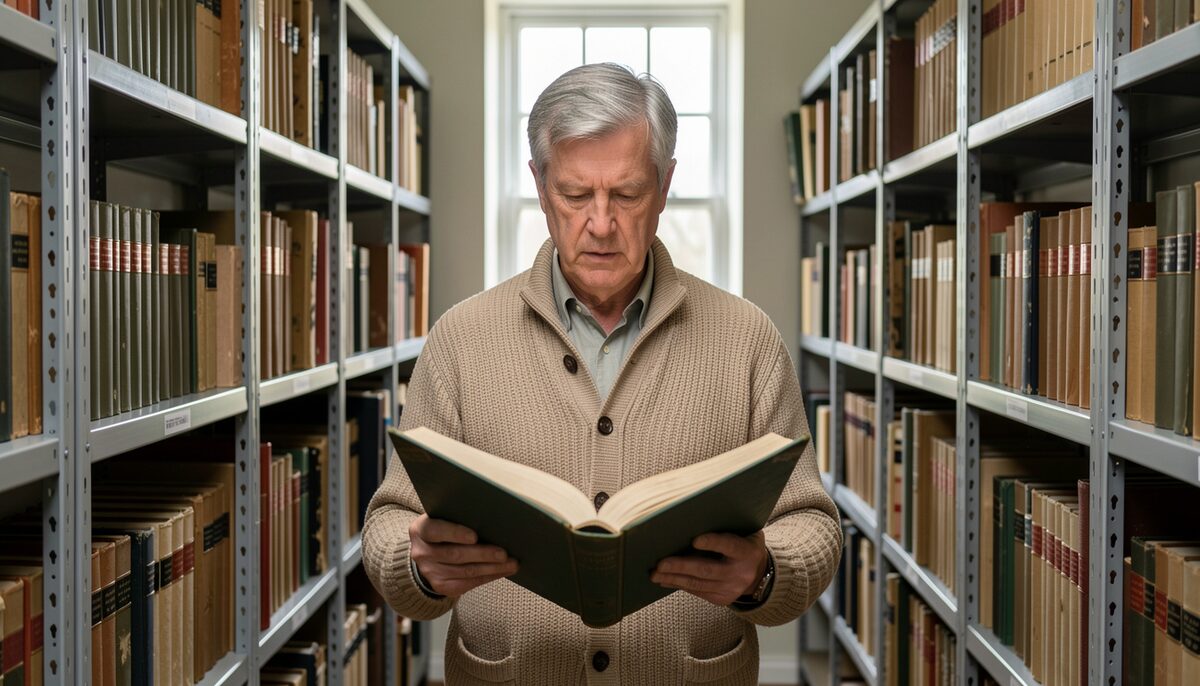 A grey-haired man in a cardigan standing between steel shelves of bound record books in a quiet records room, reading a heavy green cloth-bound ledger held open in both hands, a tall window at the end of the aisle.